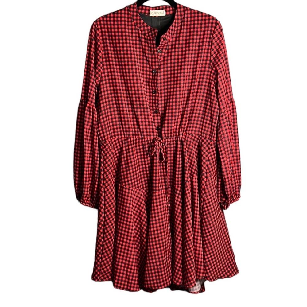 Clarisbelle Red Black Checkered Long Sleeve Tiered Dress Large